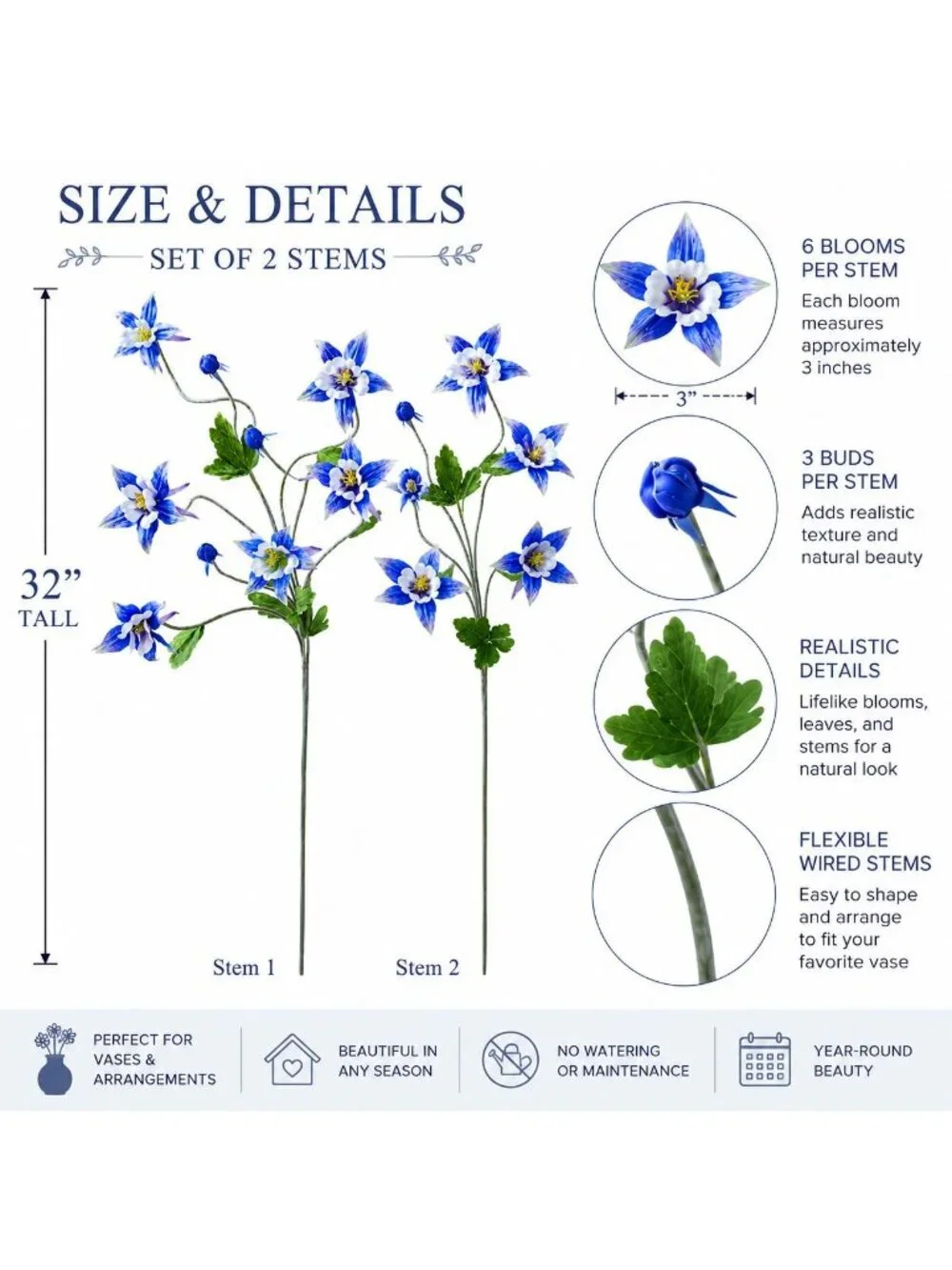 Artificial Columbine Flowers Set of 2, Blue Faux Flower Stems, 32 Inch Wildflowe